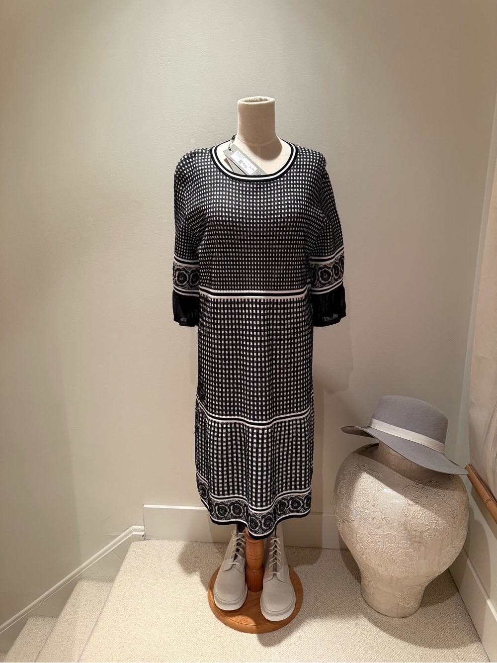 Black & White Patterned Knit Midi Dress